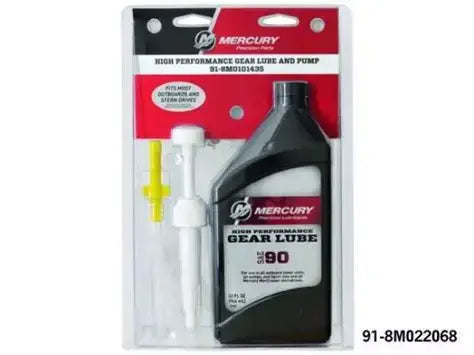 Mercury high performance gear lube and pump packaging on a white background