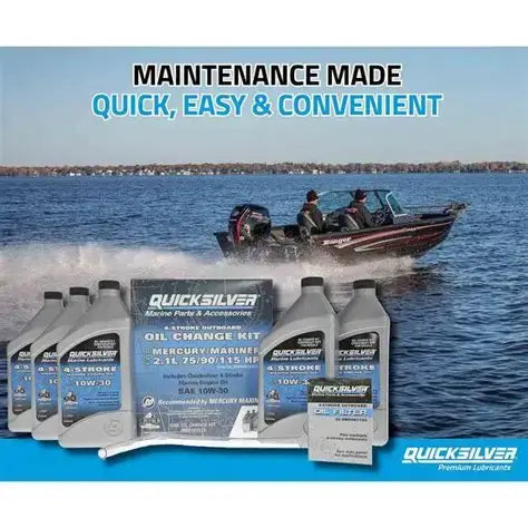 Quicksilver marine parts and accessories with a boat on a lake in the background