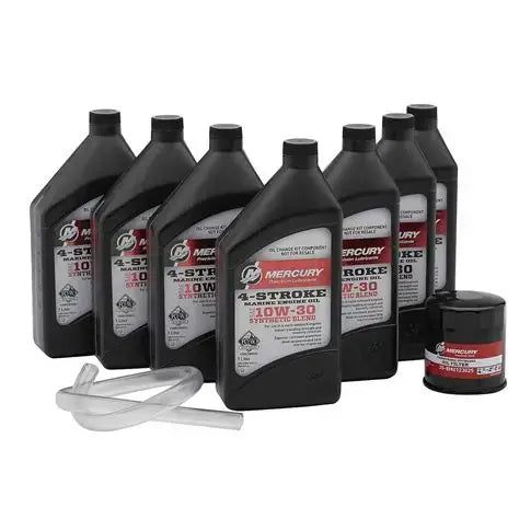 Collection of Mercury 4-stroke outboard engine oils and filters on a white background