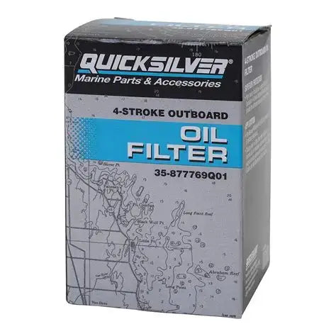 Quicksilver 4-stroke outboard oil filter packaging on a white background