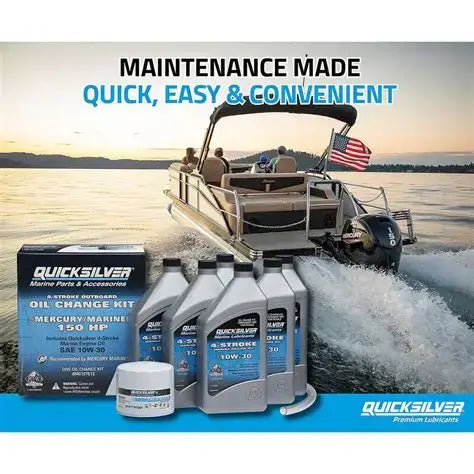 Boat on water with Quicksilver marine parts and accessories displayed in front