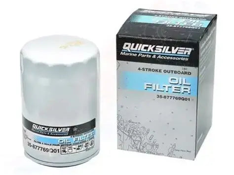 Quicksilver oil filter and packaging on a white background