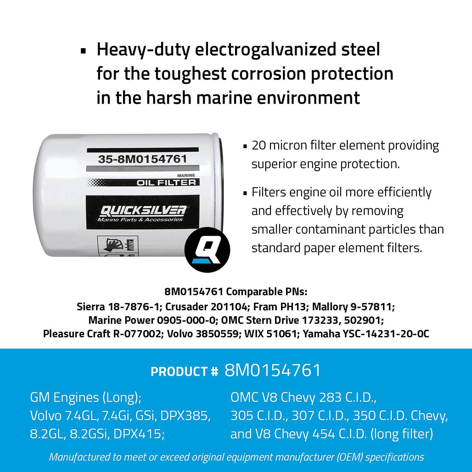 Quicksilver 8M0154761 20 Micron Oil Filter for Various Marine Engines