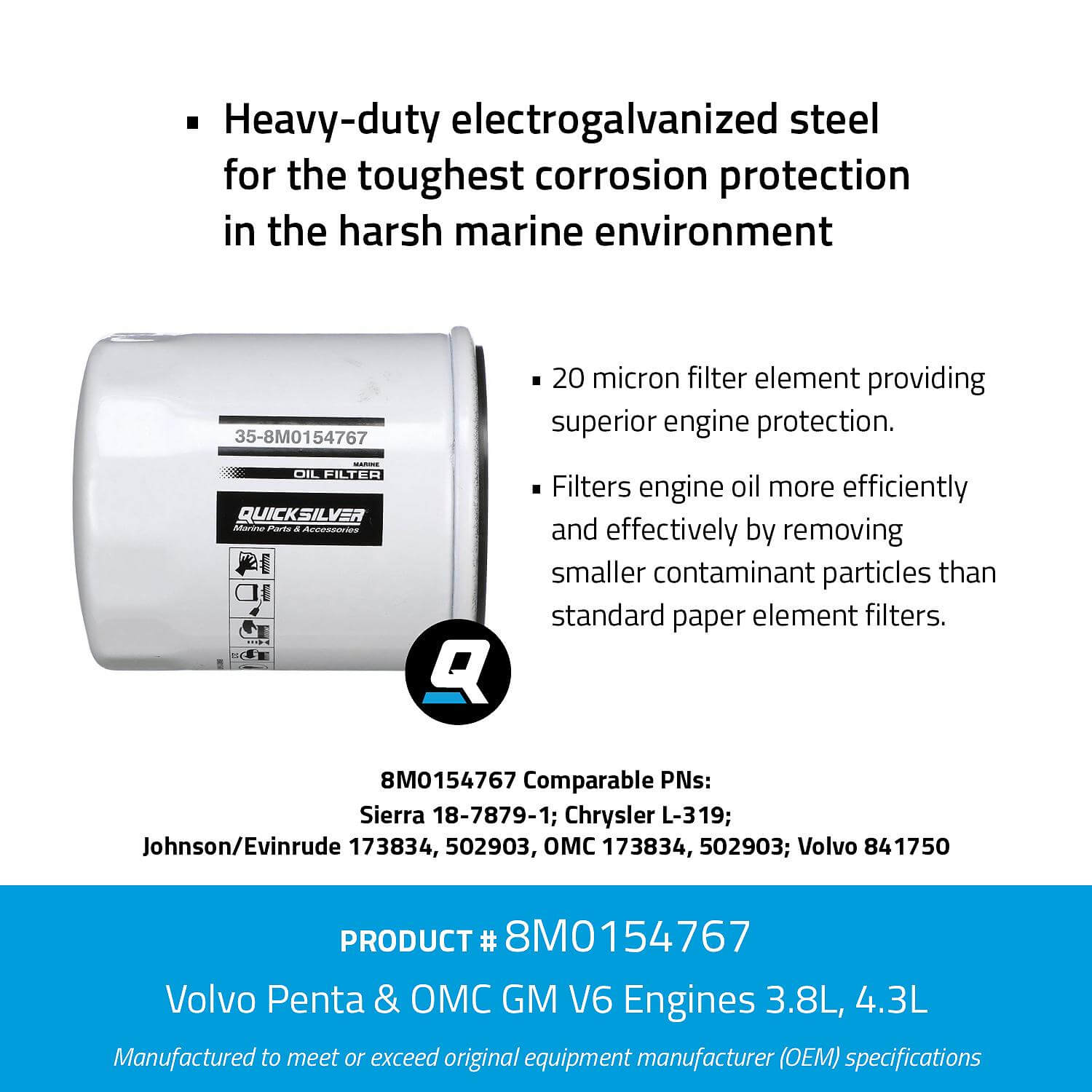 Quicksilver 8M0154767 20 Micron Oil Filter for Various Marine Engines
