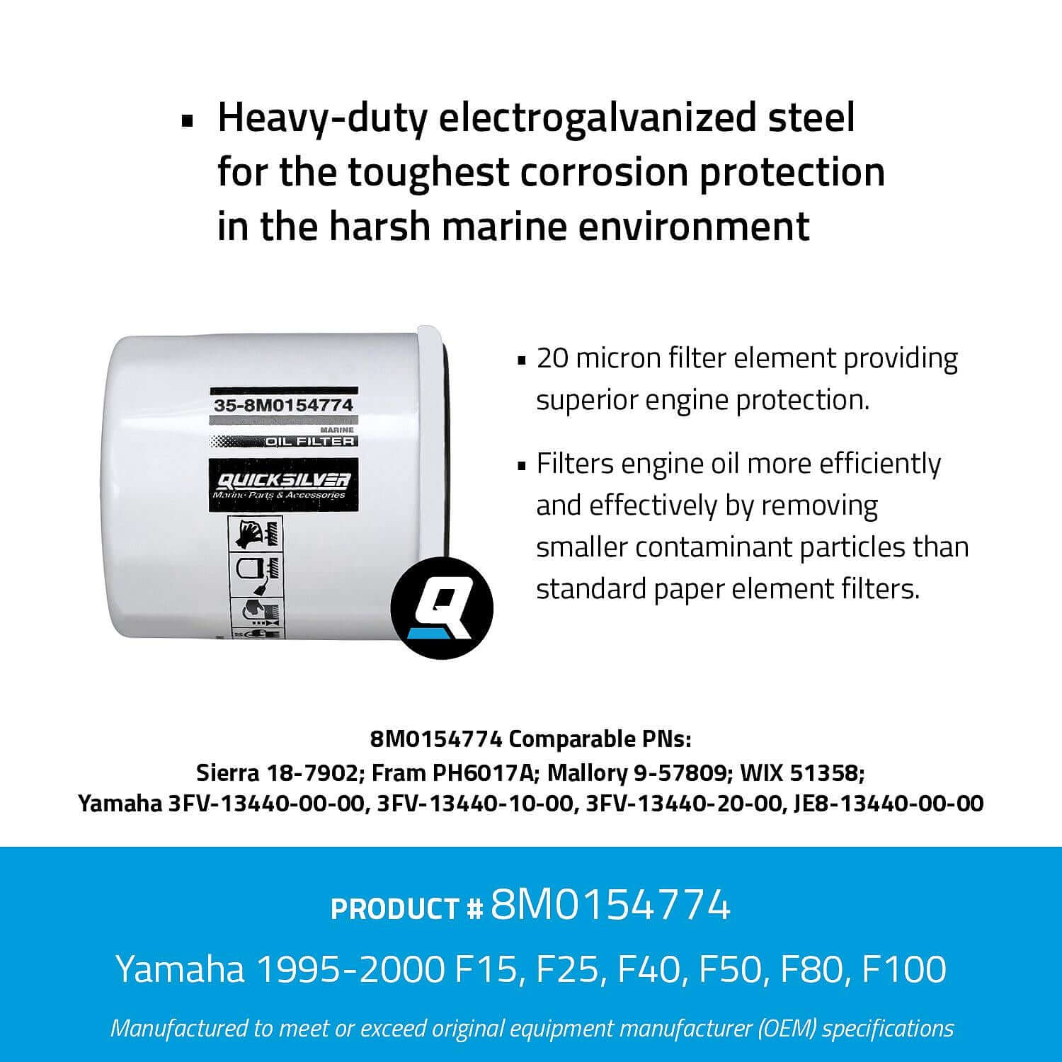 Quicksilver 8M0154774 20 Micron Oil Filter for Various Marine Engines