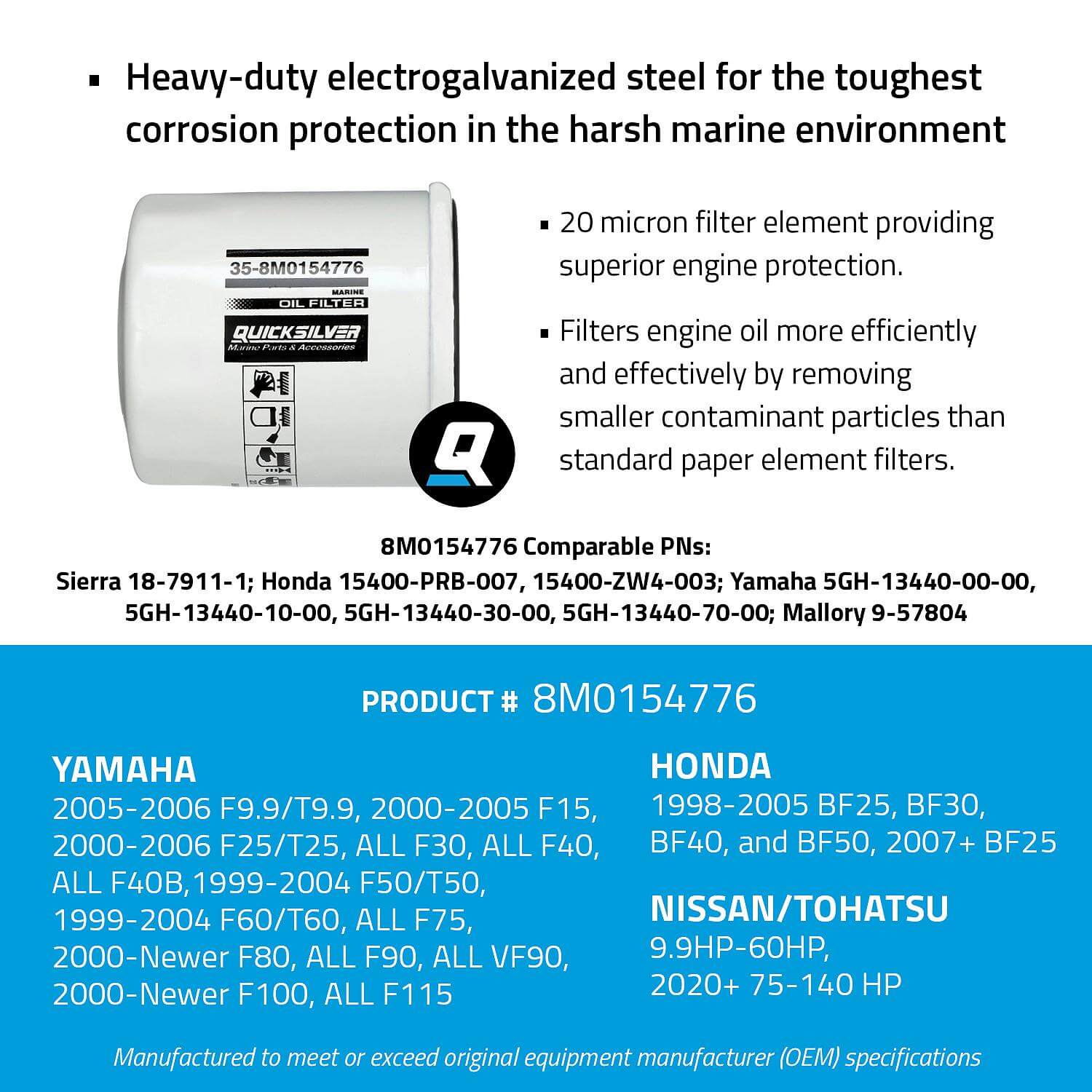 Quicksilver 8M0154776 20 Micron Oil Filter for Select Yamaha, Honda, and Nissan/Tohatsu 9.9-115hp Outboards, 2000-2018