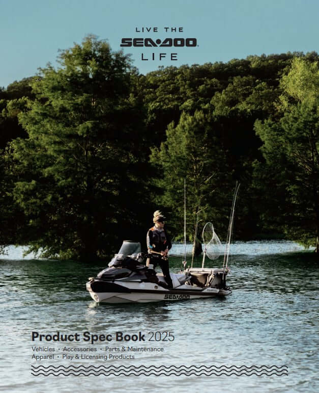 Person on a Sea-Doo in a lake with trees in the background, featuring the Sea-Doo brand.