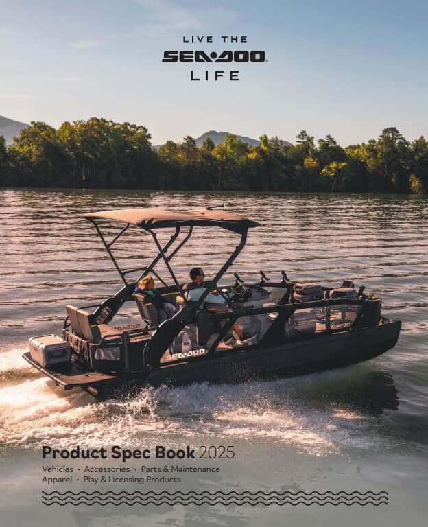 Boat on water with 'Live the SeaDoo Life' text and 'Product Spec Book 2025' text overlay.