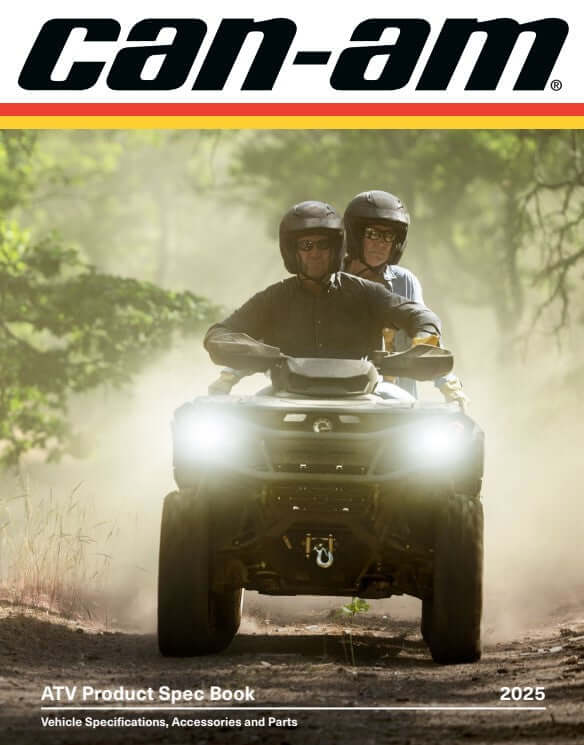 Can-Am ATV product spec book cover with two people on an ATV in a forest.