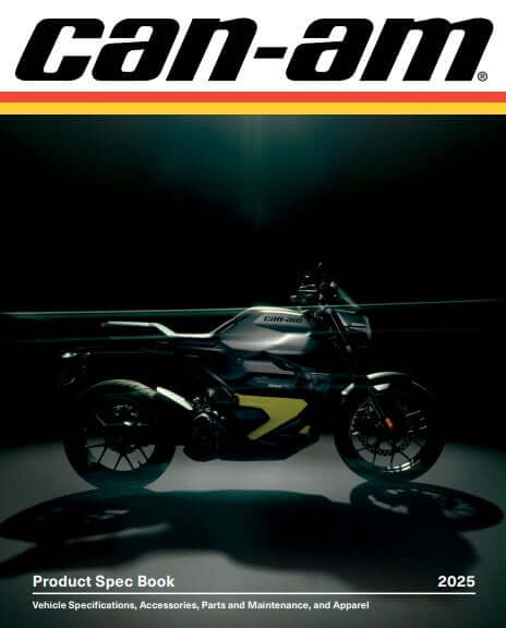 Can-Am product spec book cover with motorcycle on a dark background