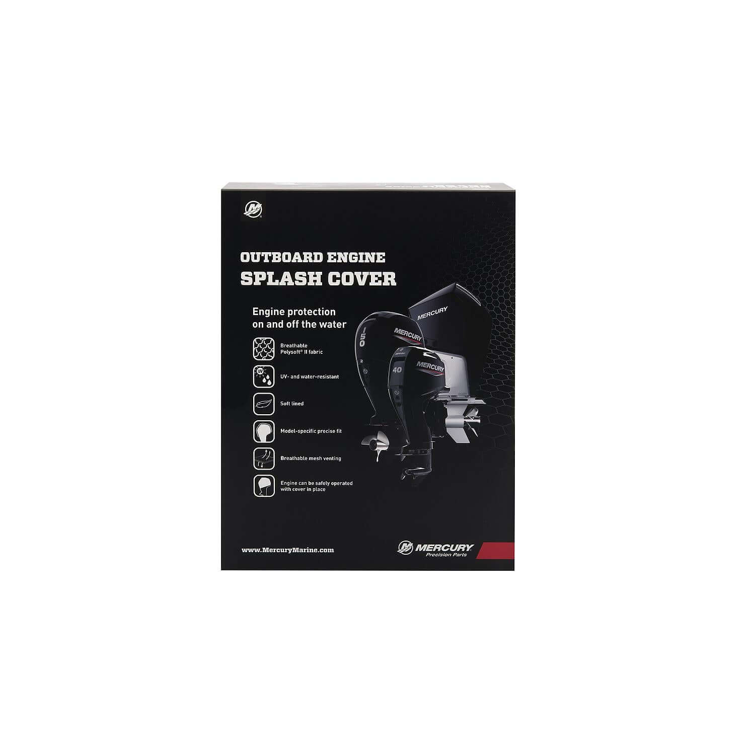 Housse de protection aérée Mercury Marine pour moteurs hors-bord quatre temps 2,1 L 90 CV, noire, 8M0228507