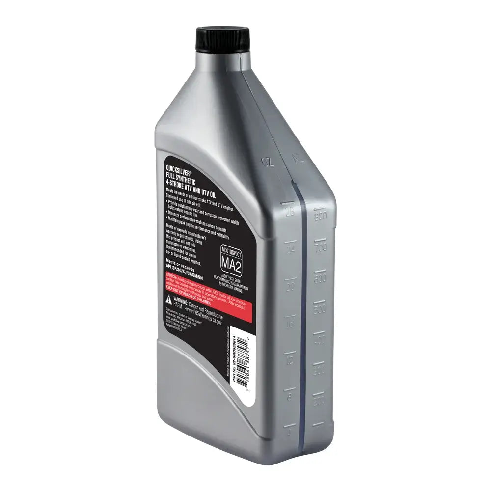 Quicksilver 8M0058914 ATV/UTV 4 Stroke Oil 5W-40 Full Synthetic Oil, 1 Quart bottle side view.