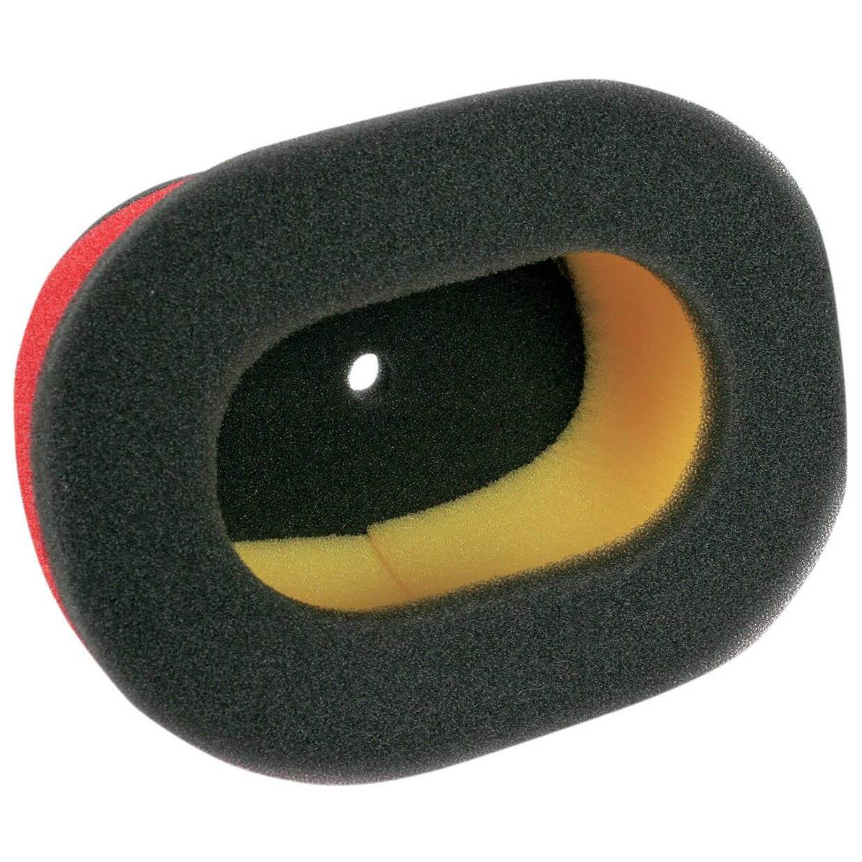 Round foam filter with black, yellow, and red colors on a white background