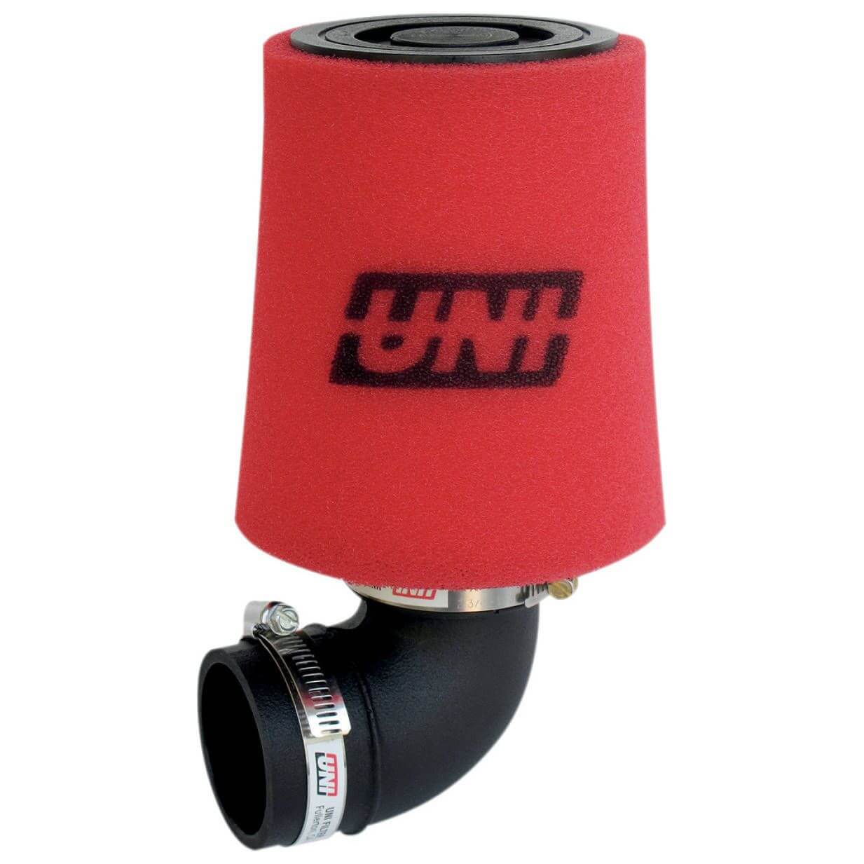 Red air filter with black top and bottom on a white background