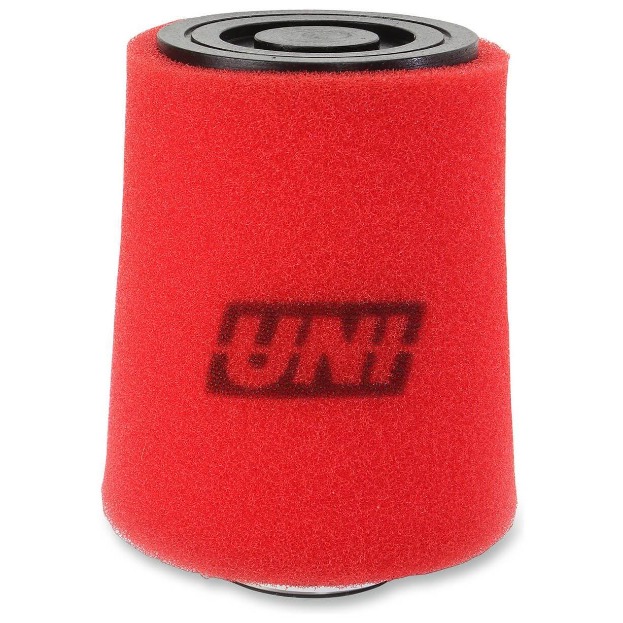 Red air filter with a black top and bottom on a white background