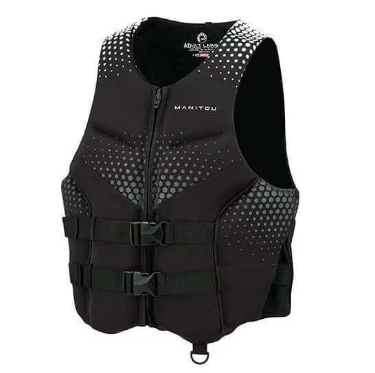 Black life vest with gray pattern on a white background