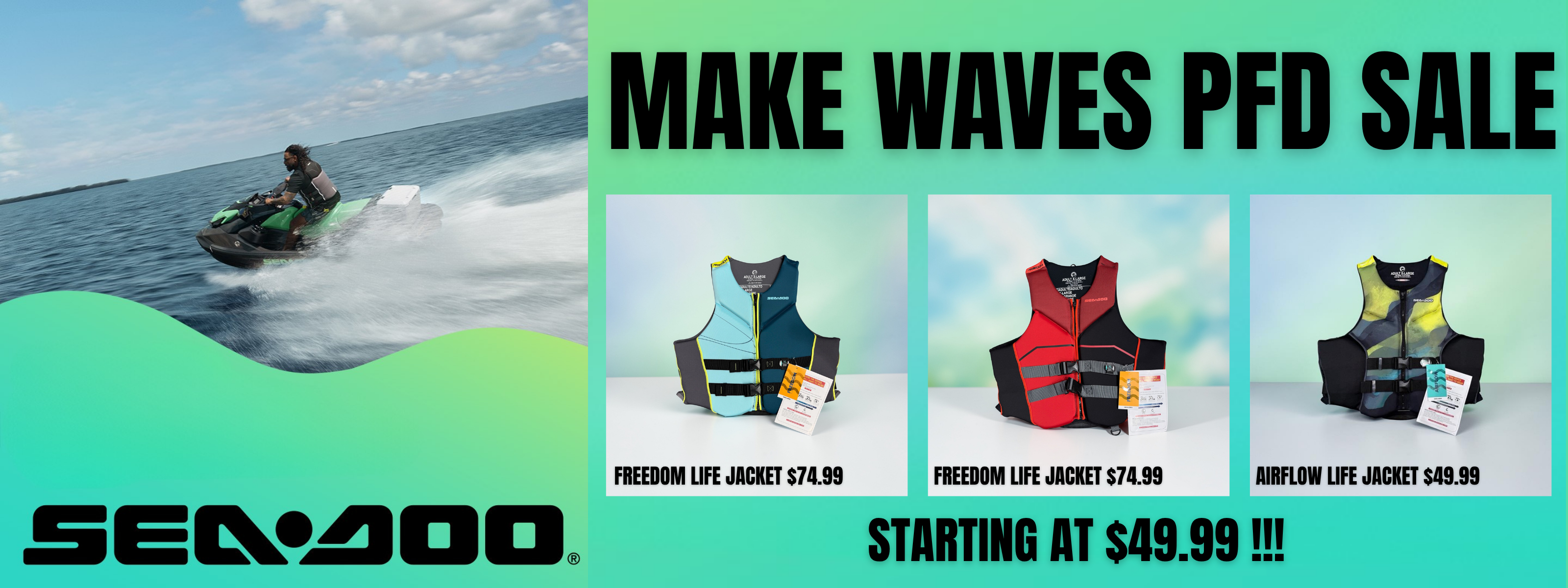Advertisement for Sea-Doo life jackets with a person on a jet ski and product images.