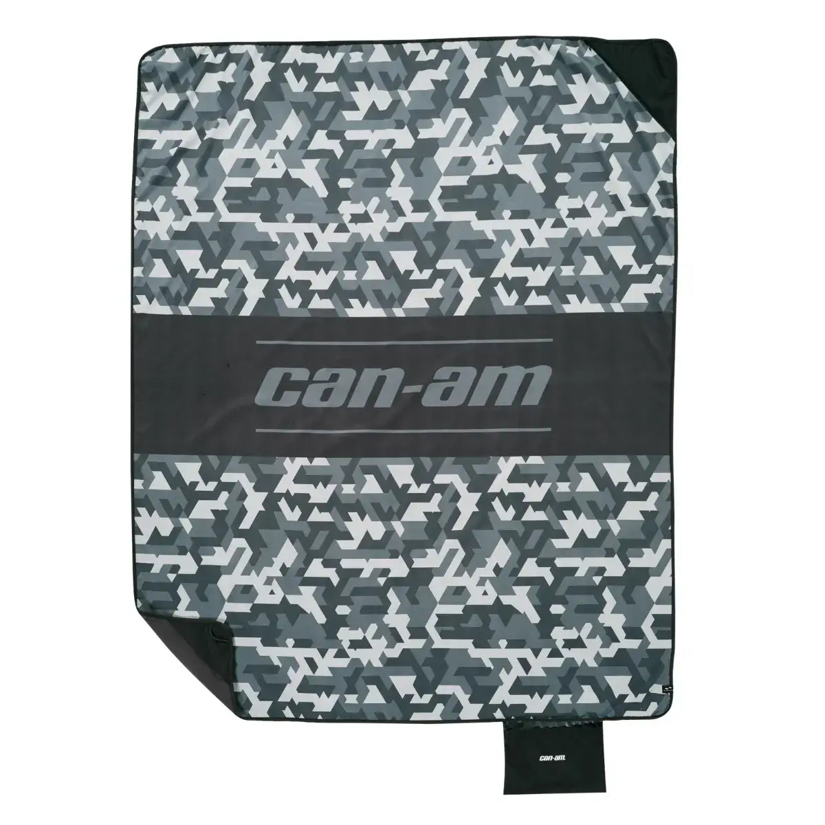 Can-Am branded blanket with camouflage pattern on a white background