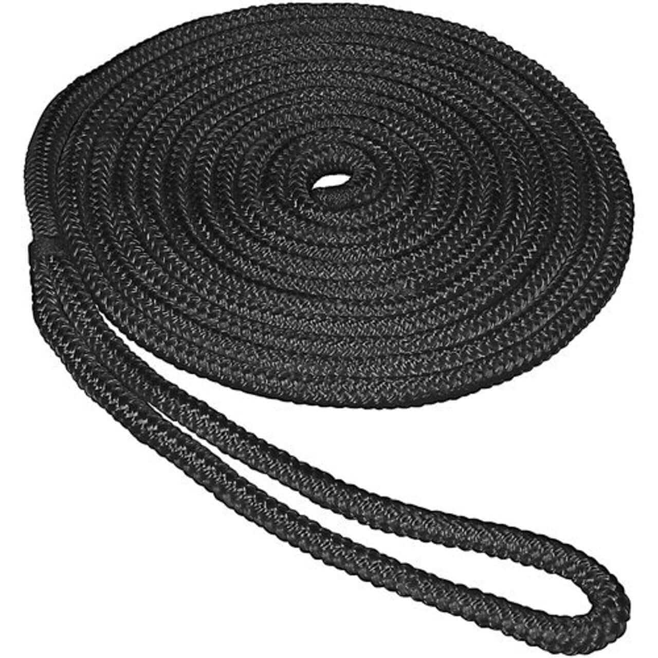 Coiled black rope on a white background