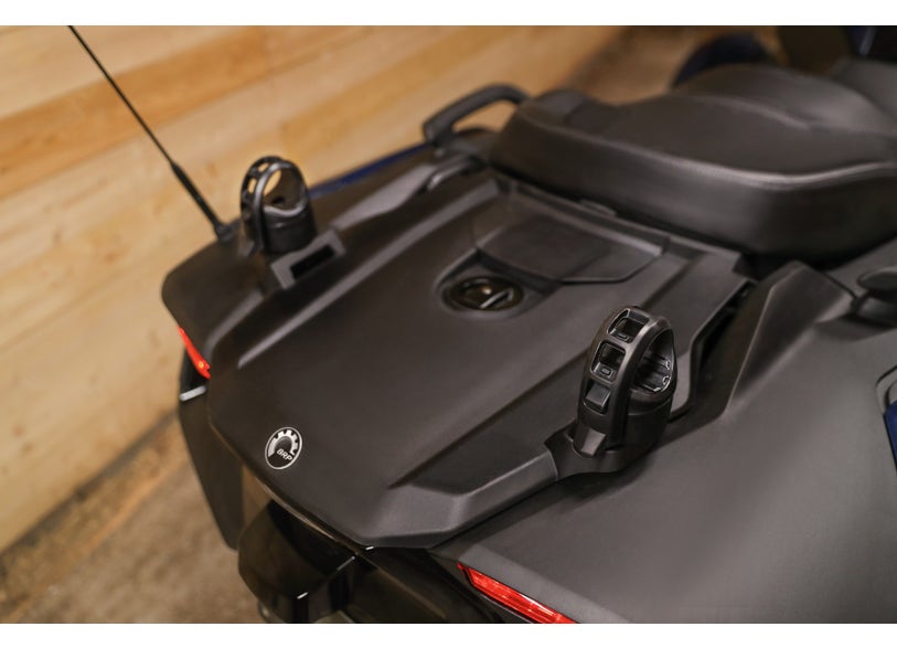 Can-Am LinQ Tool Holder mounted on Can-Am Spyder rear cargo trunk close-up