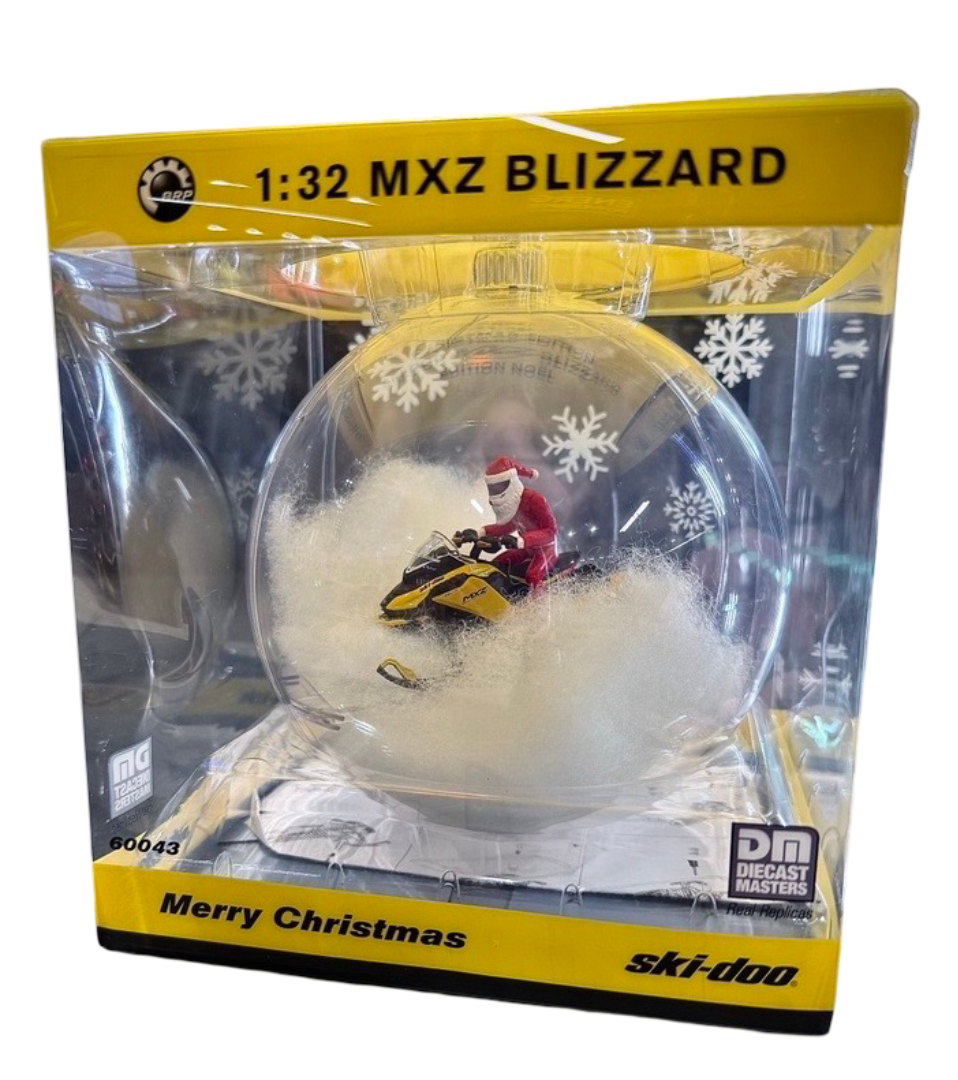 Ski-Doo 1:32 MXZ Blizzard Christmas ornament diecast model with Santa figure, Diecast Masters boxed collectible