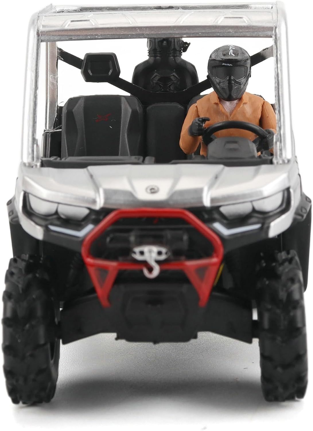 Diecast Masters Can-Am Defender X MR 1:32 diecast model in silver #60031, straight-on front view with red bumper, winch and driver figure