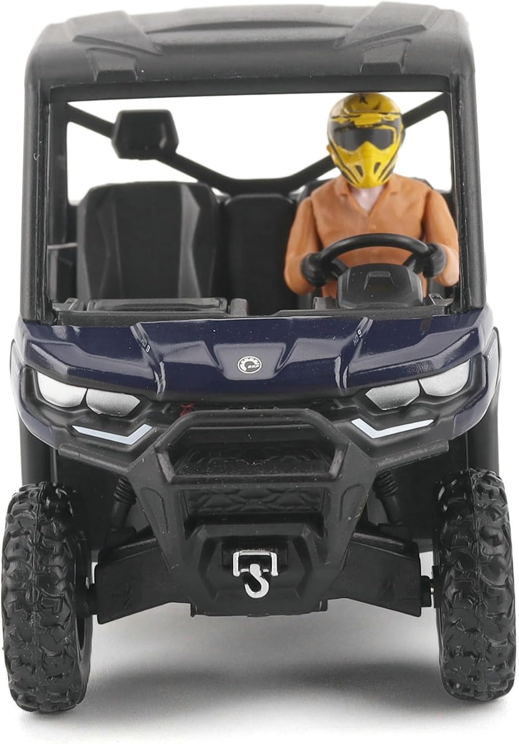 Diecast Masters Can-Am Defender XT HD9 1:32 diecast model in navy #60032, straight-on front view with winch and driver in yellow helmet