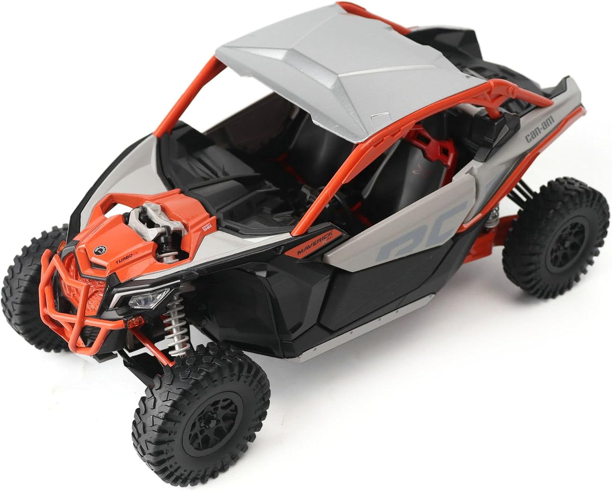 Diecast Masters Can-Am Maverick X3 X RC Turbo RR 1:12 premium replica #68003 in red, elevated view showing roof, cockpit and hood detail