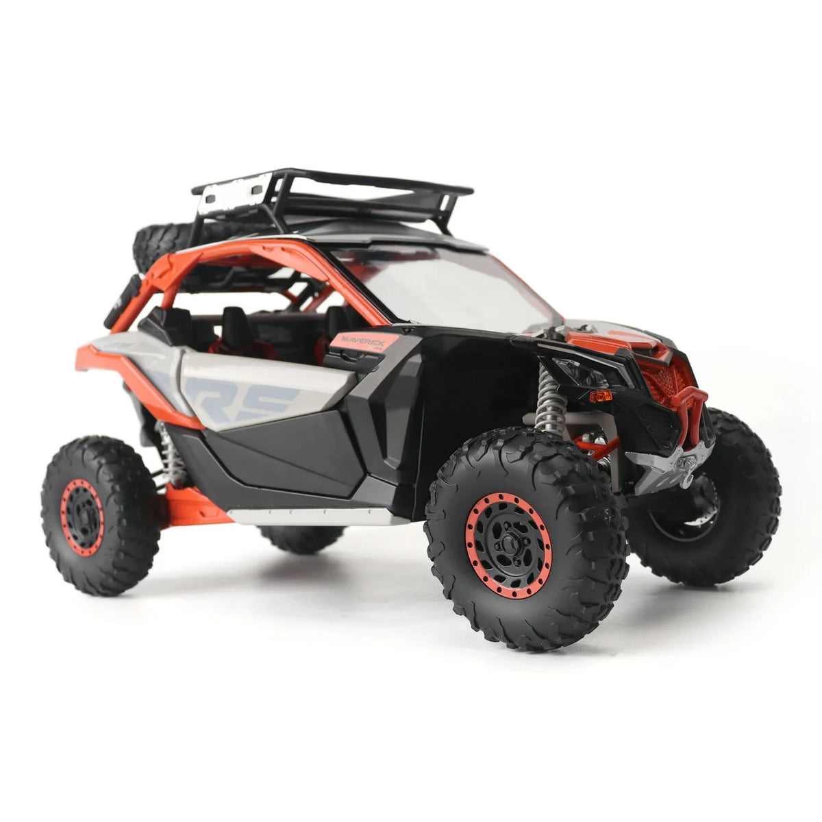 Diecast Masters Can-Am Maverick X3 X RS Turbo RR 1:12 premium replica with accessories #68004 in red, front three-quarter view showing front bumper and suspension
