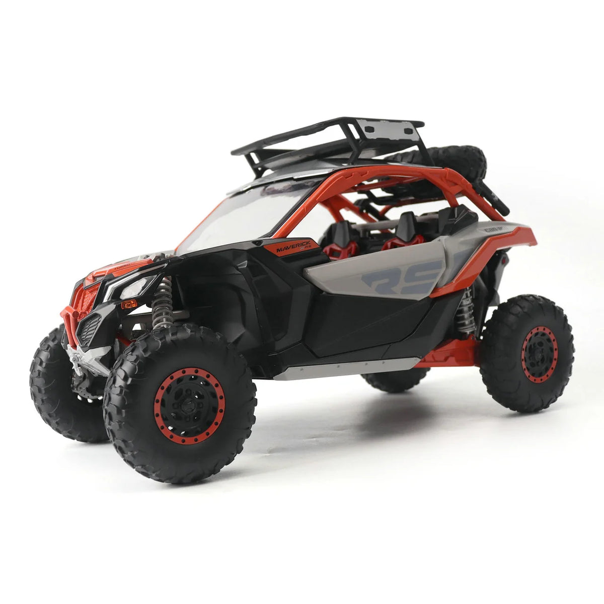 Diecast Masters Can-Am Maverick X3 X RS Turbo RR 1:12 premium replica with accessories #68004 in red, front three-quarter view with roof rack and spare tire