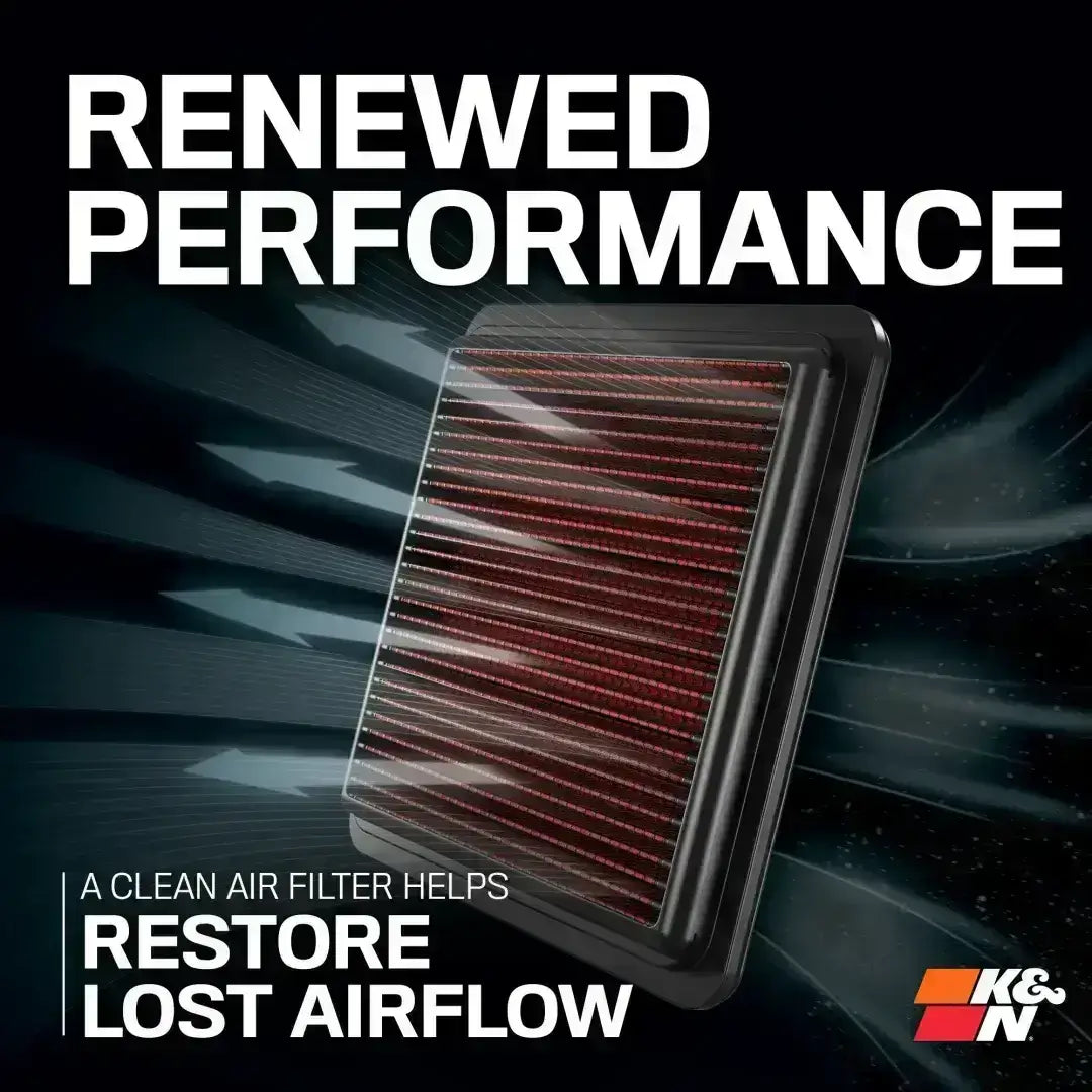 Air filter with 'Renewed Performance' text and K&N logo on a dark background