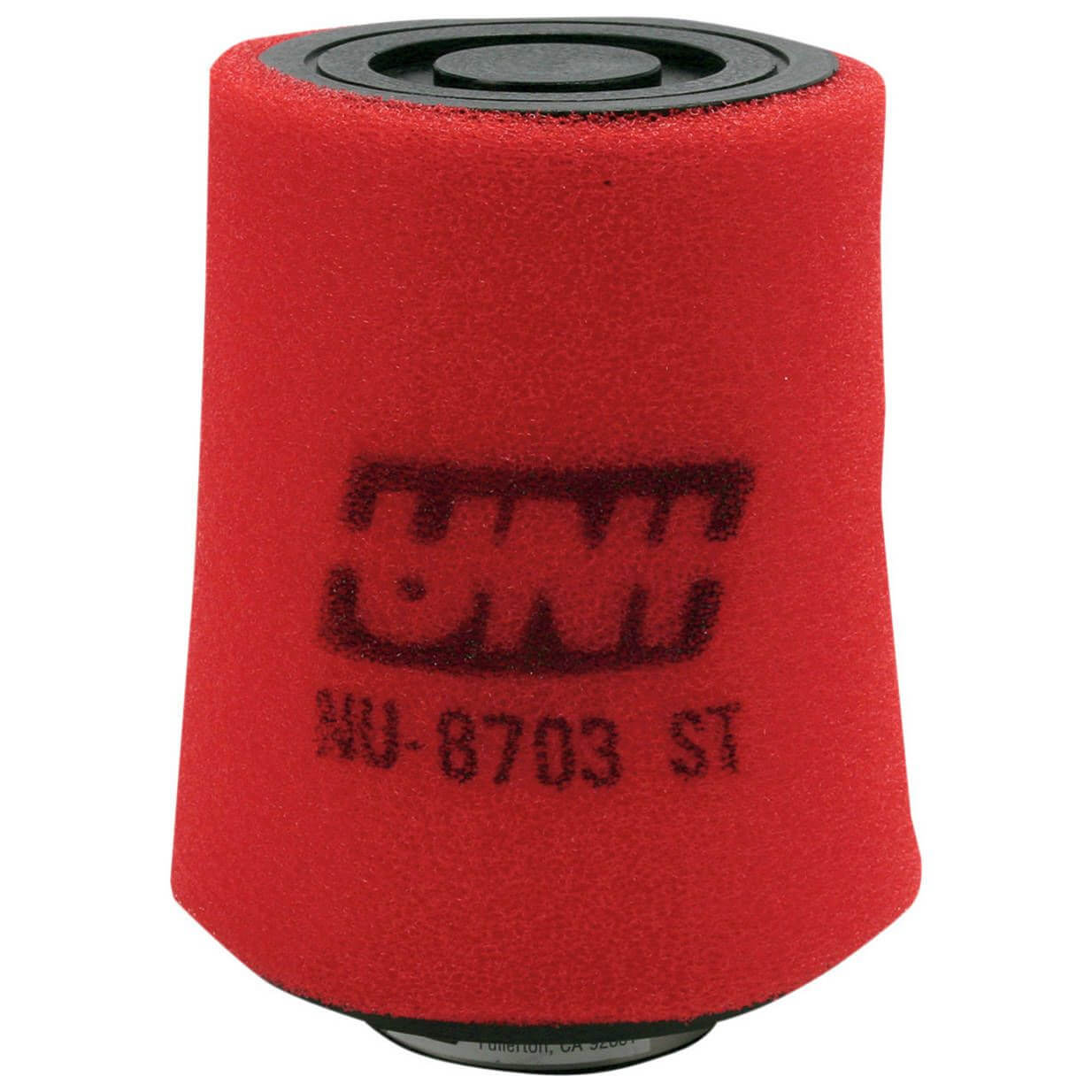 Red air filter with black text on a white background