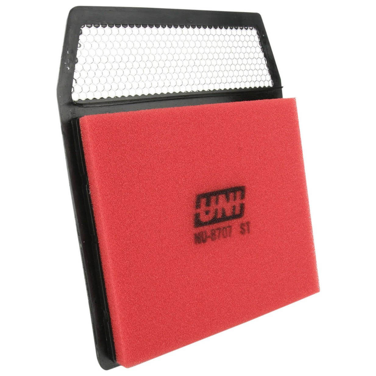Red air filter with honeycomb design on a white background