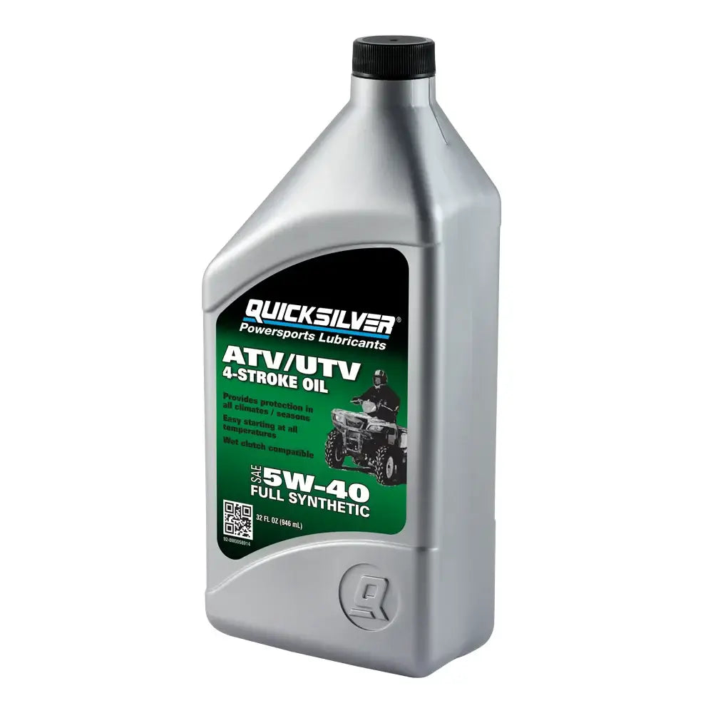 Quicksilver 8M0058914 ATV/UTV 4 Stroke Oil 5W-40 Full Synthetic Oil, 1 Quart in a silver bottle.