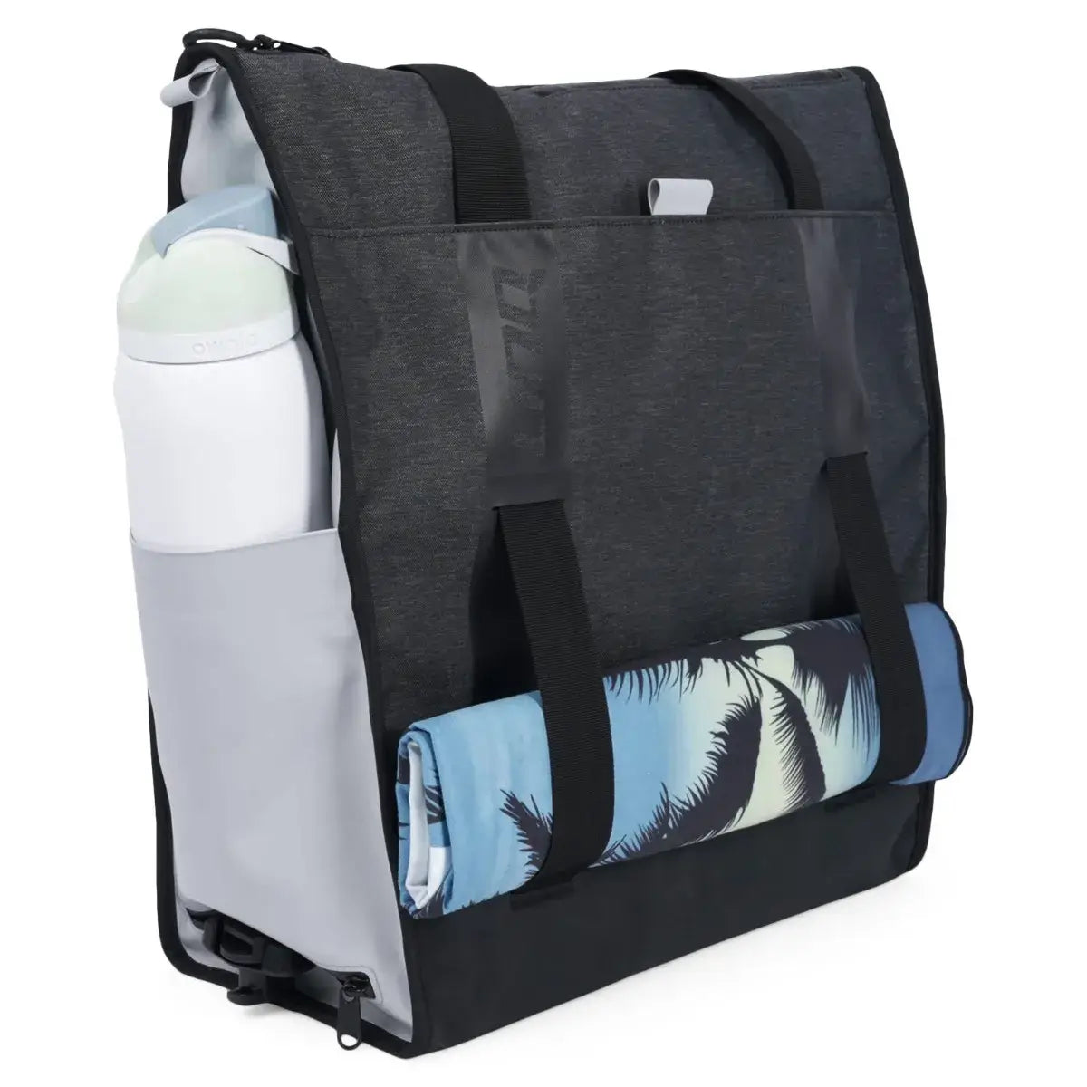 Black and gray LinQ insulated tote bag with a water bottle and beach towel rolled up on the side, designed for Sea-Doo adventures.