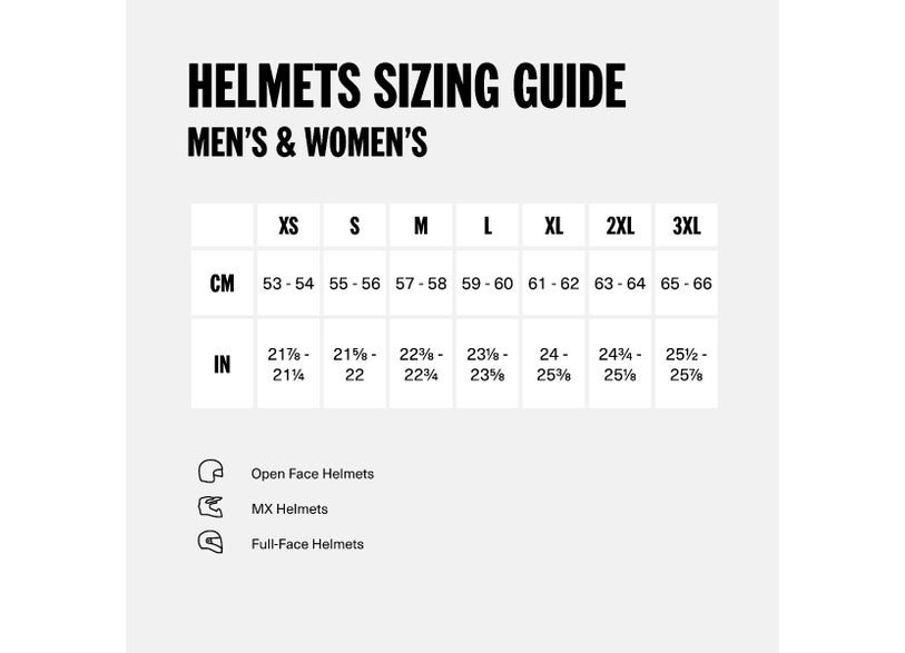 Can-Am On-Road Advex Helmet sizing chart mens womens XS to 3XL