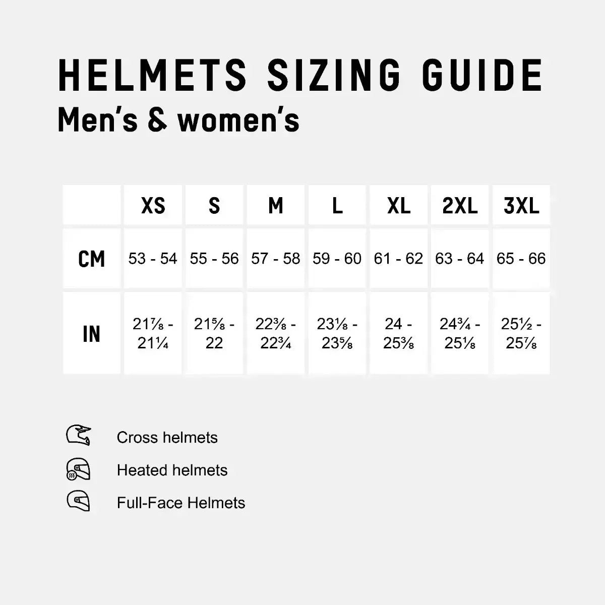 Helmet sizing guide for men's and women's helmets with measurements in centimeters and inches.