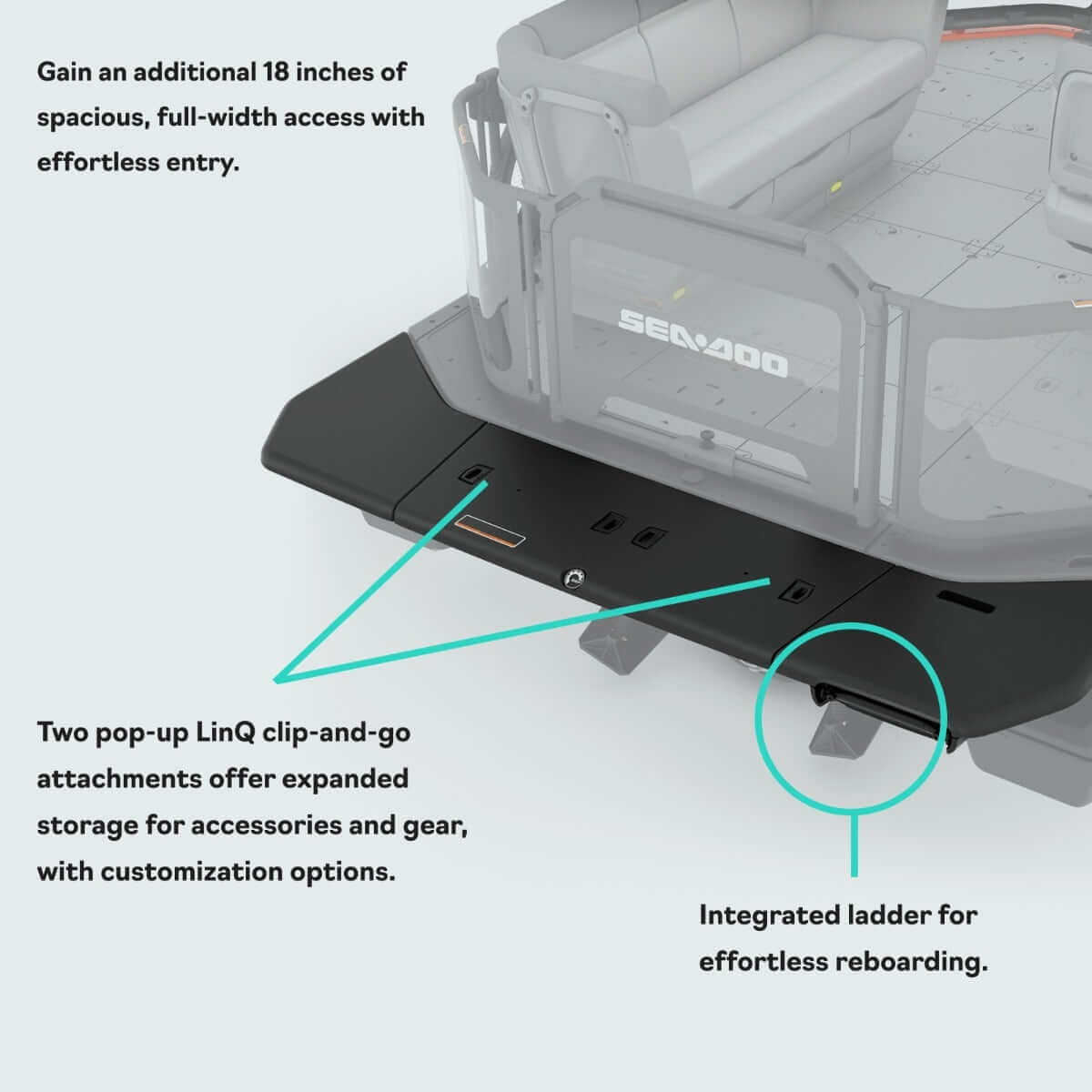 Sea-Doo Switch pontoon swim platform with LinQ attachments and integrated boarding ladder