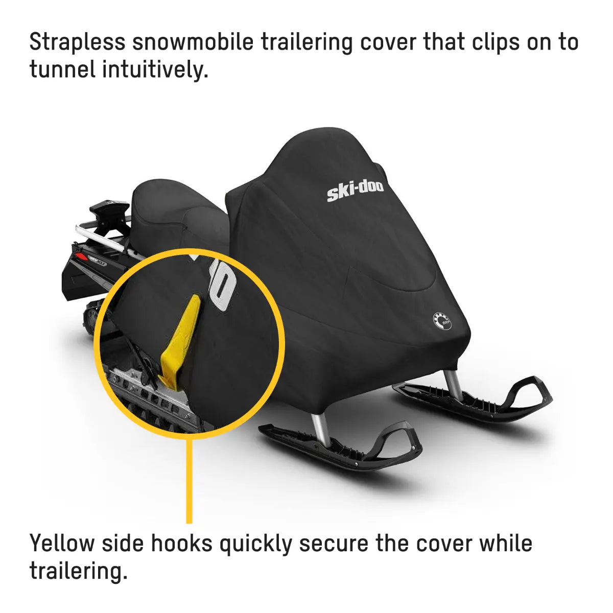 Ski-Doo Intense Rap-Clip REV-XU snowmobile cover with yellow strap-less side hooks that clip onto the tunnel for trailering