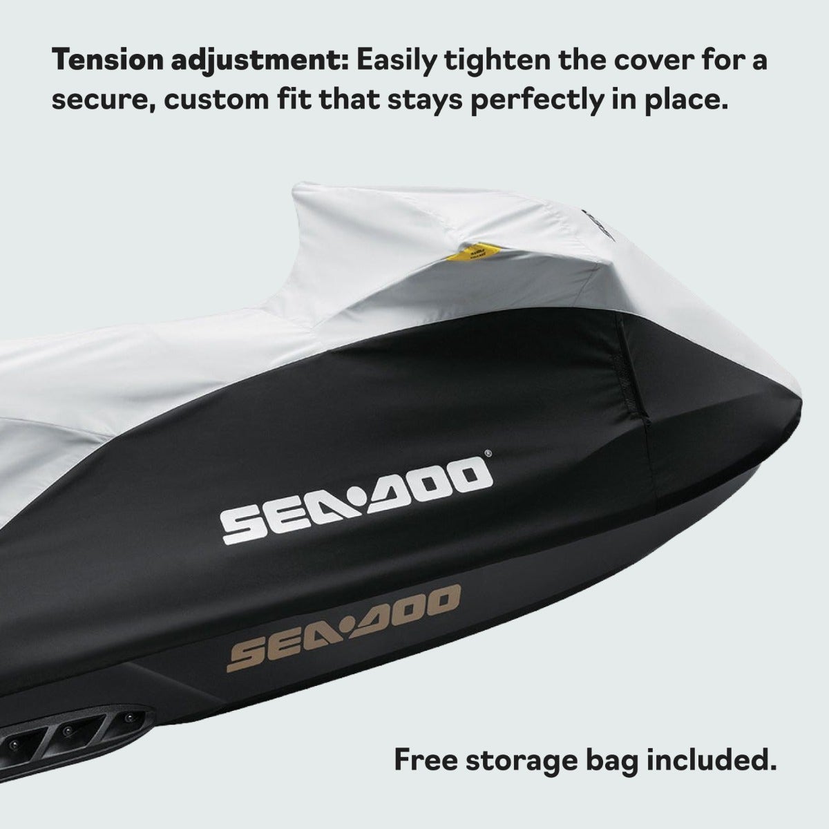 Sea-Doo GTX S cover tension adjustment, storage bag and soft inner lining, feature callouts