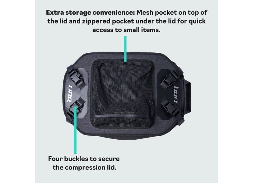 Sea-Doo LinQ 20L semi-rigid cooler interior with mesh pocket and four compression lid buckles