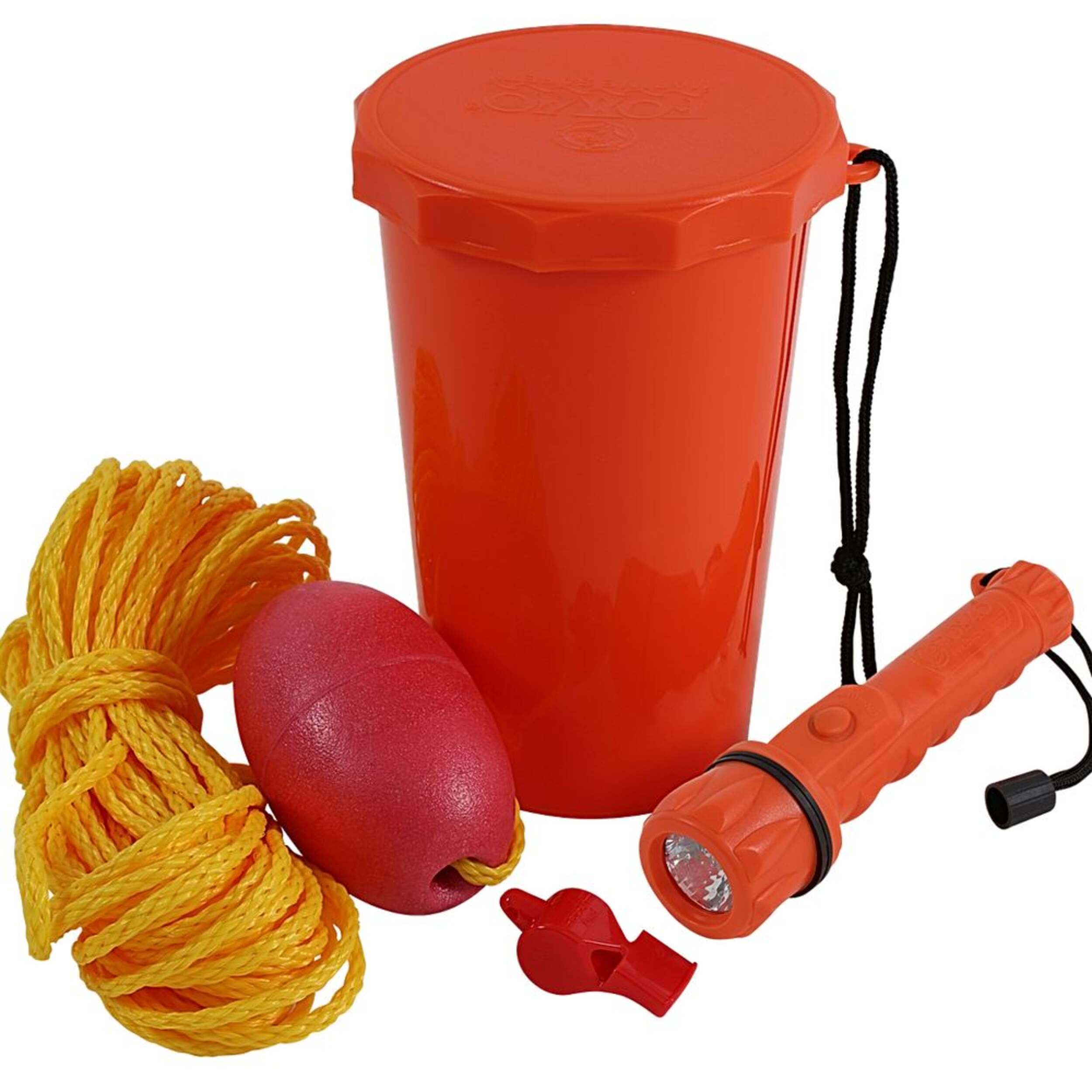 Orange container with yellow rope, red ball, red whistle, and orange flashlight on a white background