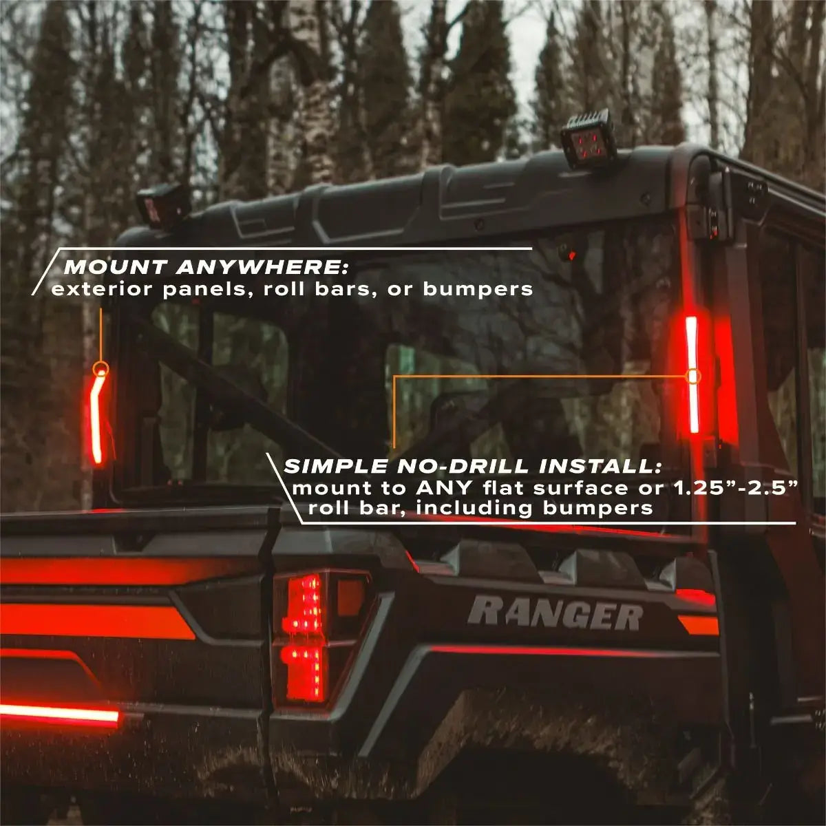 Back of a vehicle with text about product installation on exterior panels, roll bars, or bumpers.