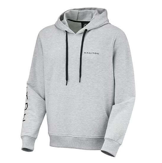 Gray hoodie with black drawstrings and "MANITOU" branding on a white background