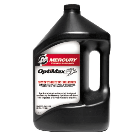 Black container of Mercury Optimax synthetic blend oil on a white background
