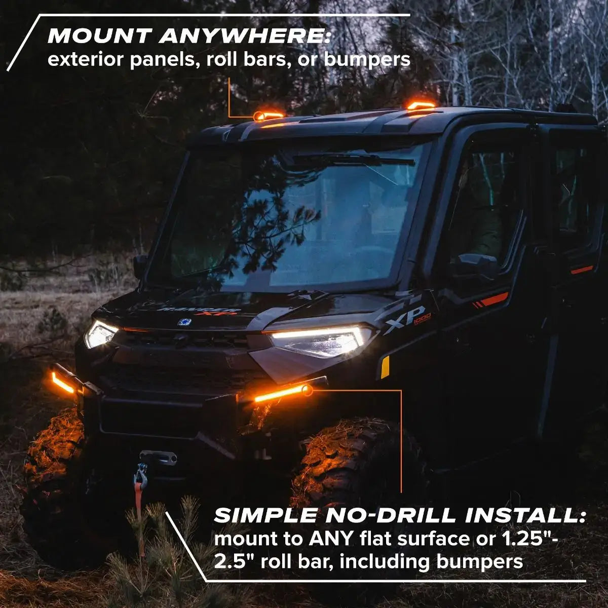 Off-road vehicle with mounted lights in a forest setting