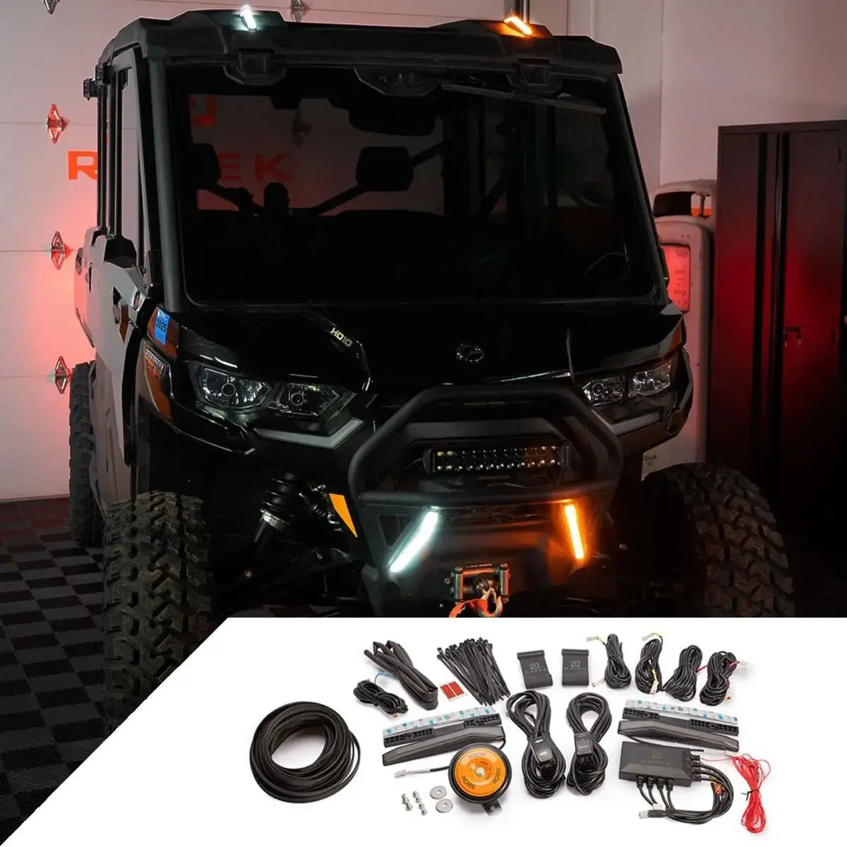 Black off-road vehicle with additional lights and components displayed below.