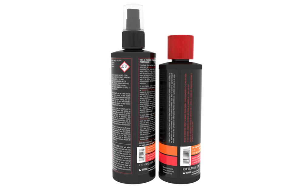 K&N 99-5050 filter oil and cleaner bottles, back labels