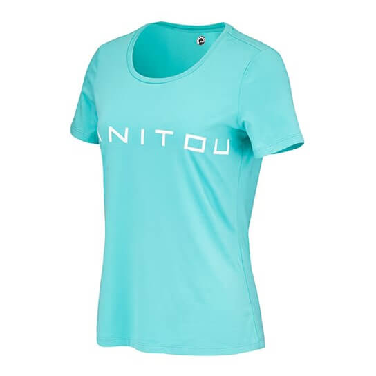 Aqua t-shirt with 'MANITOU' logo on a white background