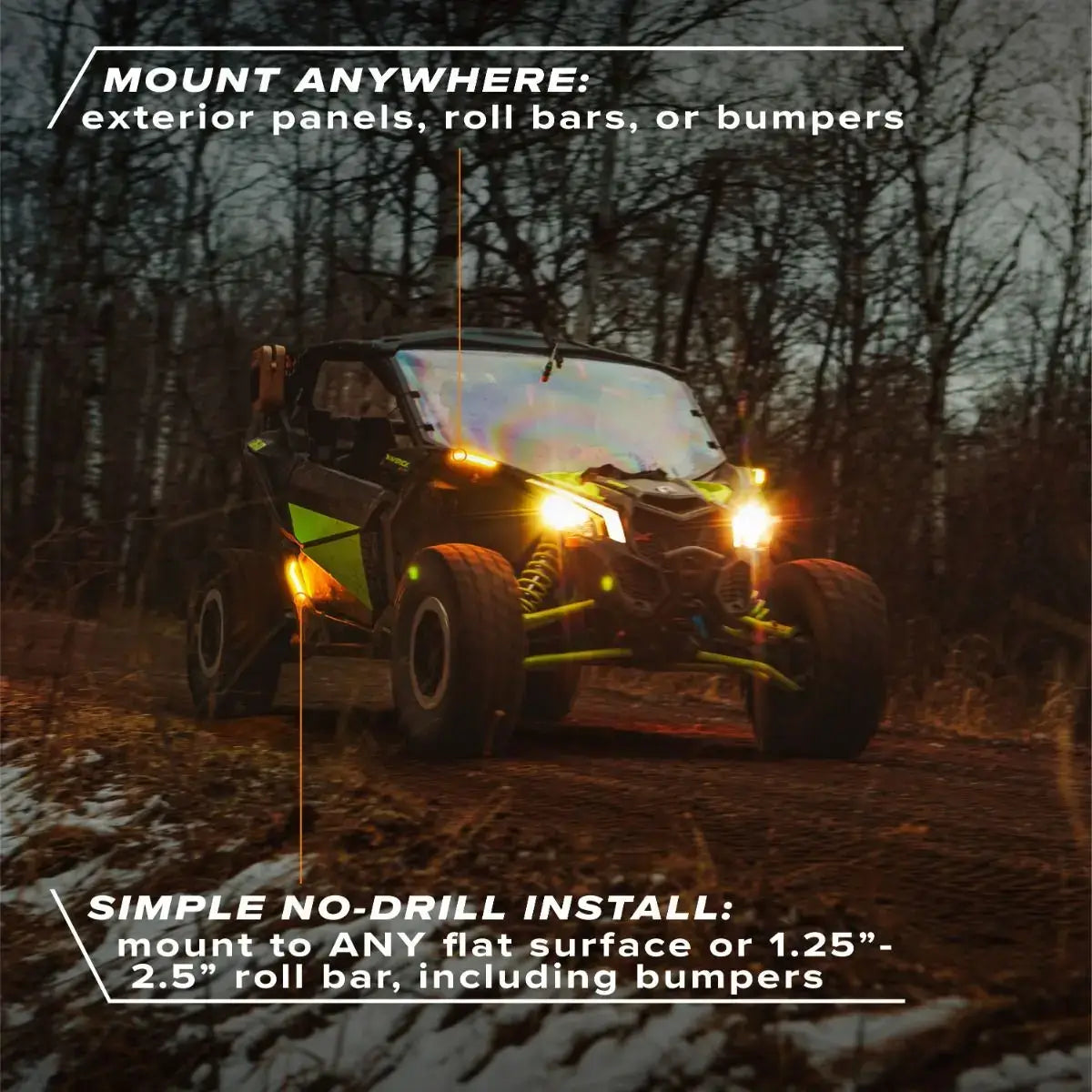 ATV in a forest with text about mounting options and installation method.
